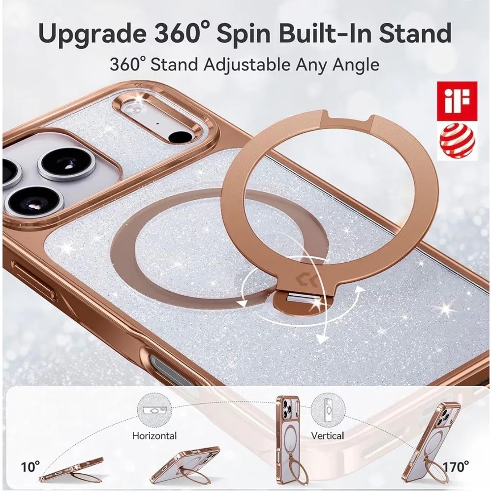 NWT CASEKOO iPhone 17 Pro Case Rose Gold Sparkle MagSafe 360 Stand